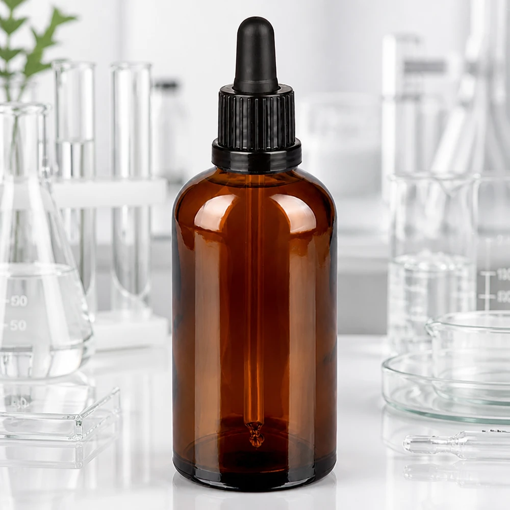 100 ml druppelflacon van amberkleurig borosilicaatglas met ergonomische pipetkop