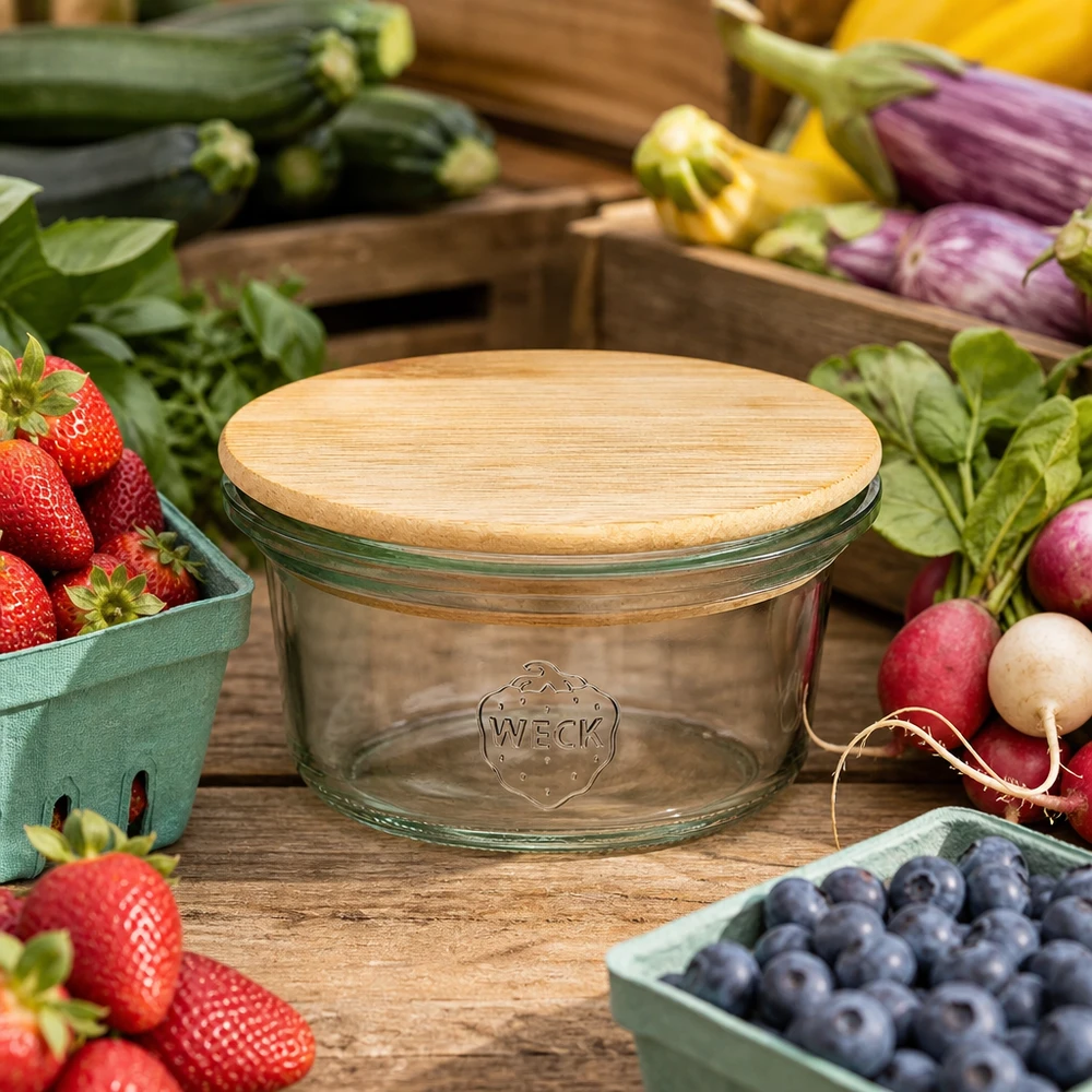 WECK-mini stortglas 50ml met hout deksel WECK mini mason jar 50ml met bamboe deksel omringd door vers fruit en groenten op een houten tafel in boerderijstijl