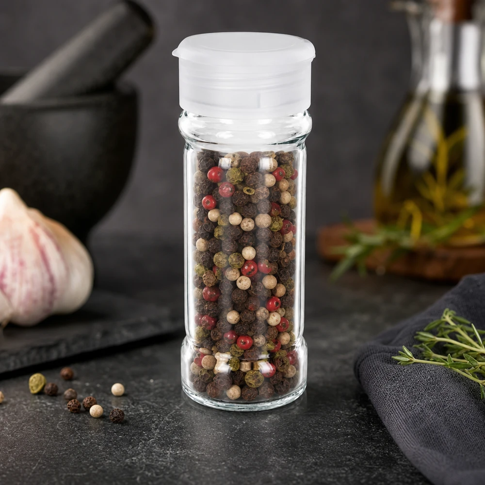 Doorzichtig kruidenpotje van 100 ml met een witte strooideksel, gevuld met kleurrijke peperkorrels