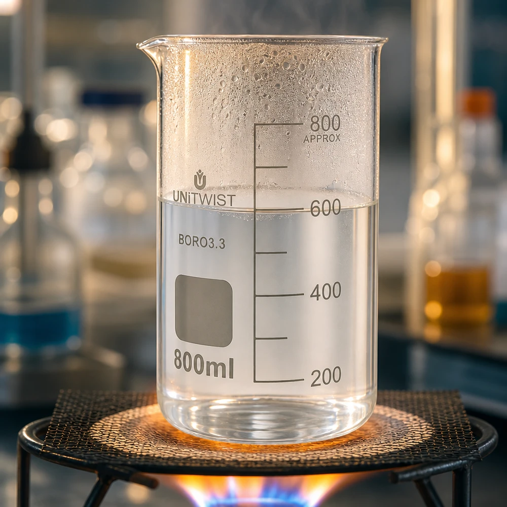UNITWIST 800 ml borosilicaatglasbeker met waterdamp en luchtbellen bij verhitting op een brander