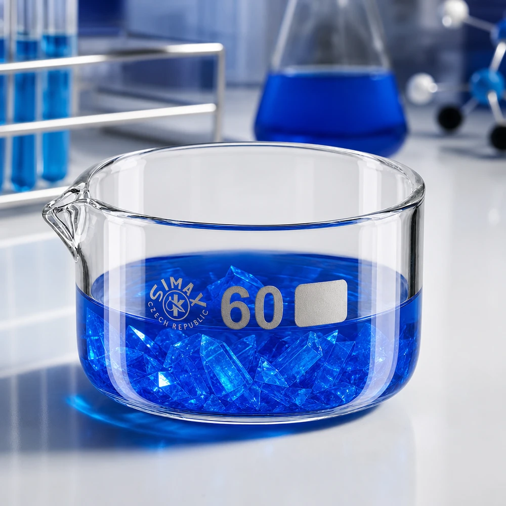 Kristallisatieschaal voor laboratoriumgebruik, 60 ml, blauwe oplossing, kristalgroei, borosilicaatglas, hittebestendig, Simax