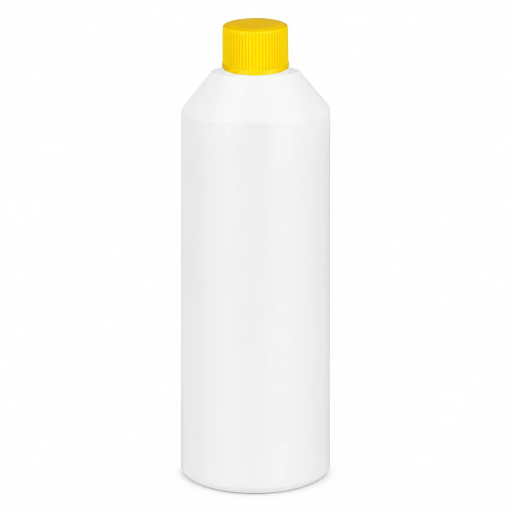 Witte apotheekfles van HDPE met een inhoud van 250 ml en een gele dop