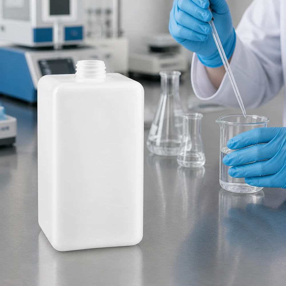 Chemicaliënfles 1500 ml, nauwe hals Witte PE-HD-fles 1500 ml, GL 32, smalle hals, stapelbaar, ruimtebesparend, rechthoekig, laboratorium