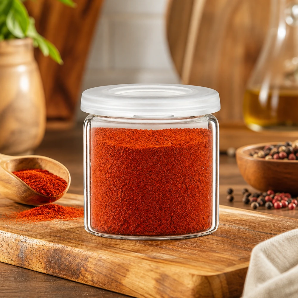 Kruidenpot-idee: 5ml tablettenglas helder glas incl. klikdeksel (rolrand glas) Cilindrisch glas met opgerolde rand en rood kruidenpoeder op een houten snijplank – productfoto