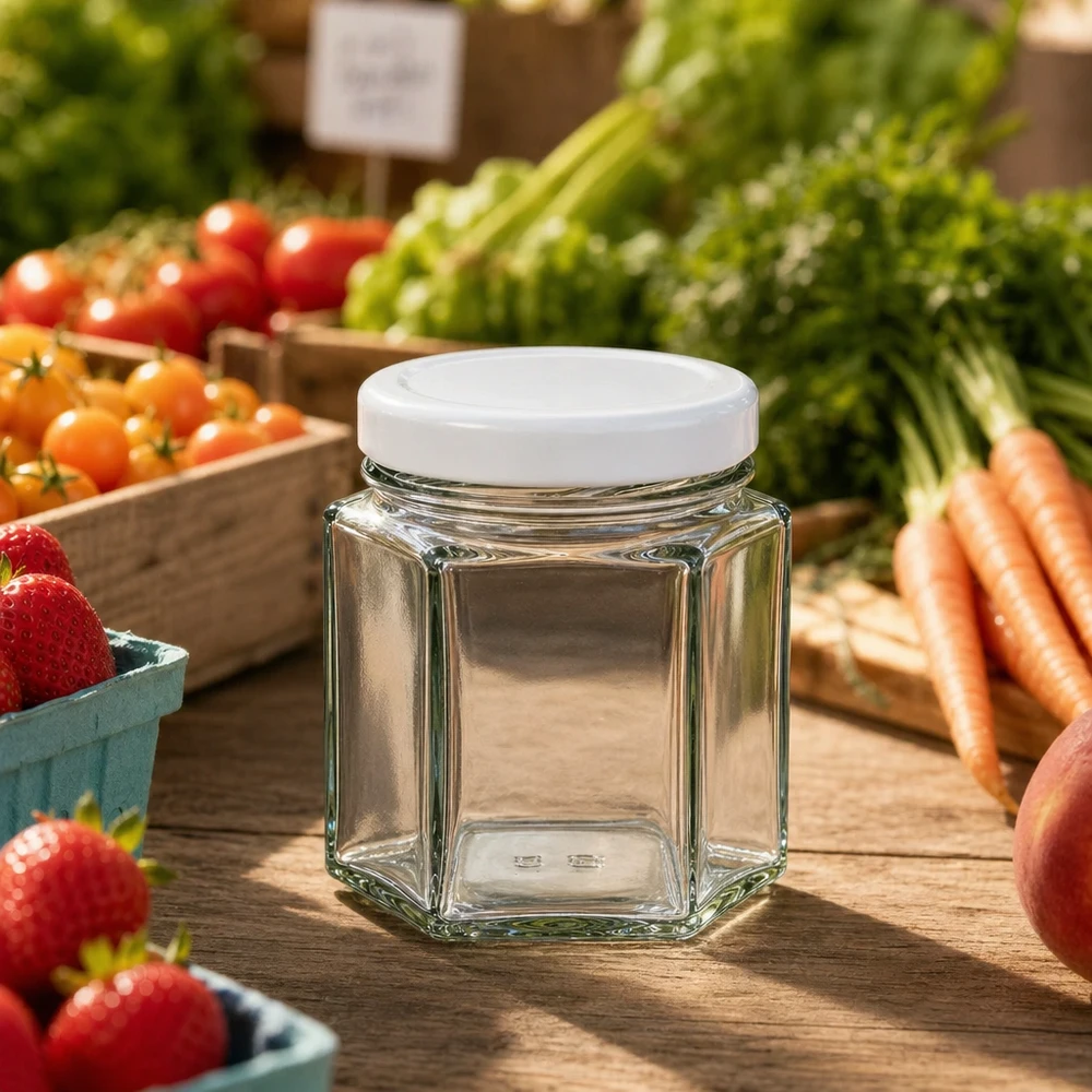 47ml Hexaglas mit BasicSeal Deckel auf Holztisch umgeben von frischem Marktgemüse - ideal für Gewürze und Kräuter
