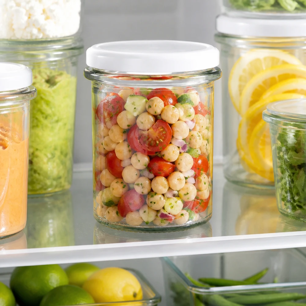 Compact rond glazen potje UNiTWIST van 214 ml, wit, voor het organiseren van maaltijdvoorbereidingen in de koelkast met verse ingrediënten