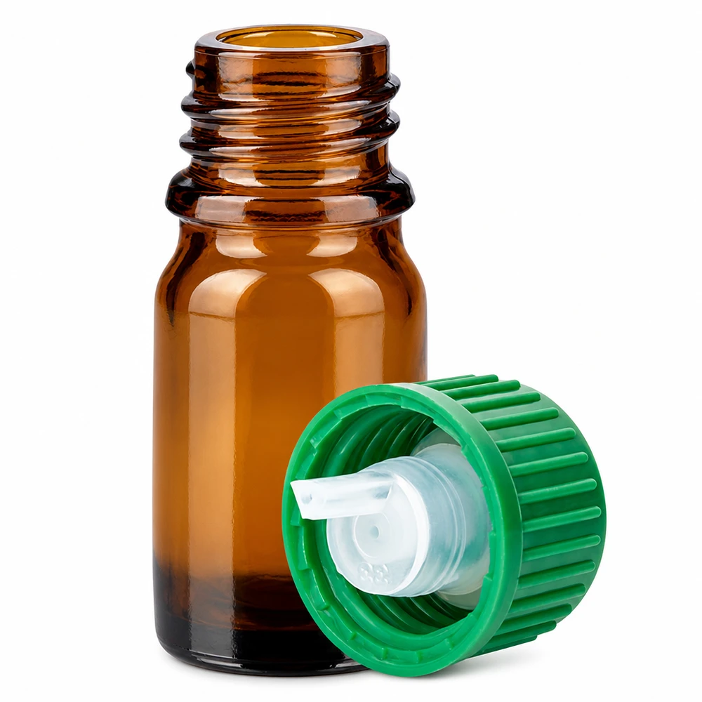 5ml Druppelflesje 0.8mm groen STD BrownLine UT18/5 Bruin glazen flesje 5ml met 0.8mm druppelaar en groene schroefdop voor aromatherapie