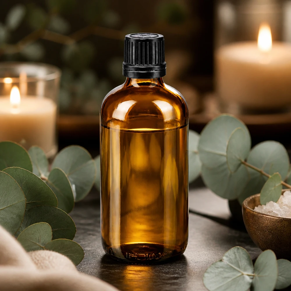Druppelfles met lichtbescherming, 100 ml, bruin glas met OV-dop tussen eucalyptustakjes
