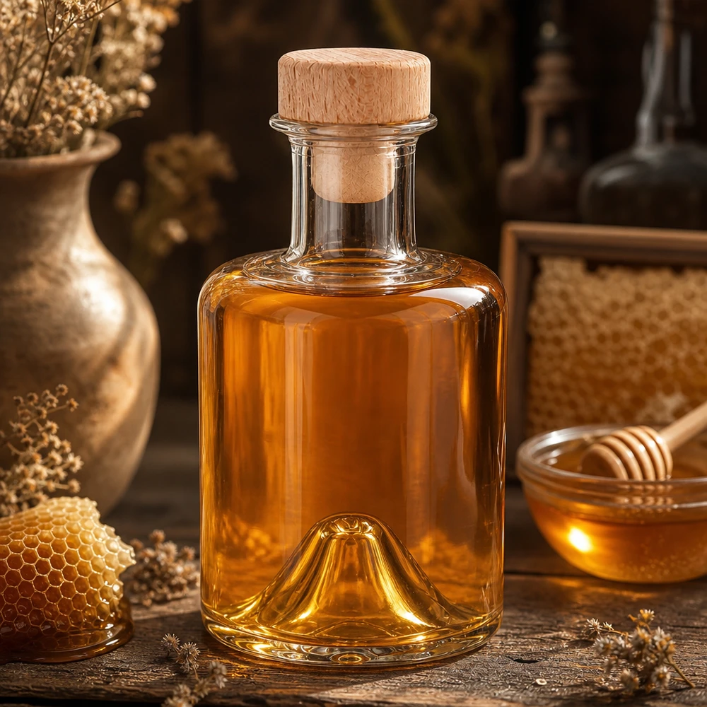 200 ml apothekersfles Sofia met houten handvat en kurk UNiTWIST® 200ml Sofia glazen fles met houten kurk gevuld met honing in rustieke keuken naast honingraat en honingpot