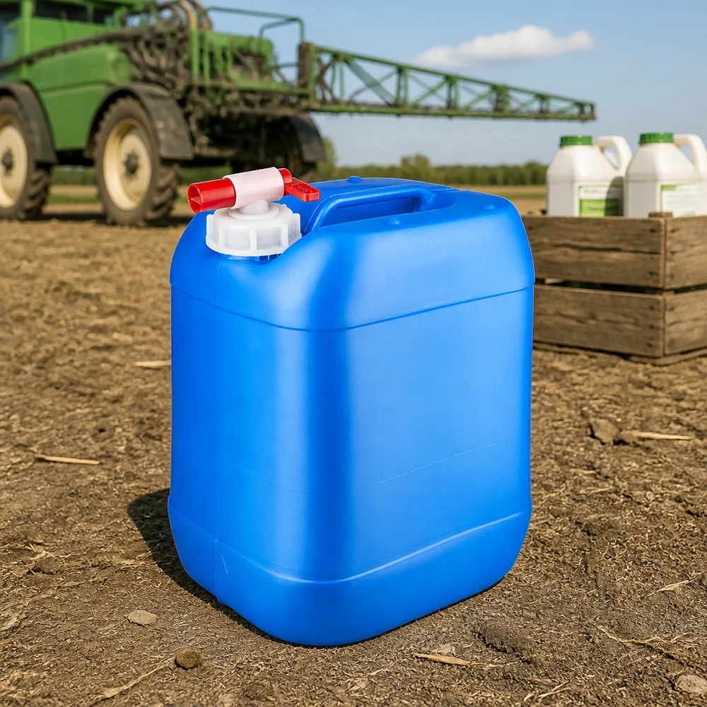 Rechthoekige kunststof jerrycan van 20 liter met handgreep en tapkraan voor gebruik in de buitenlucht