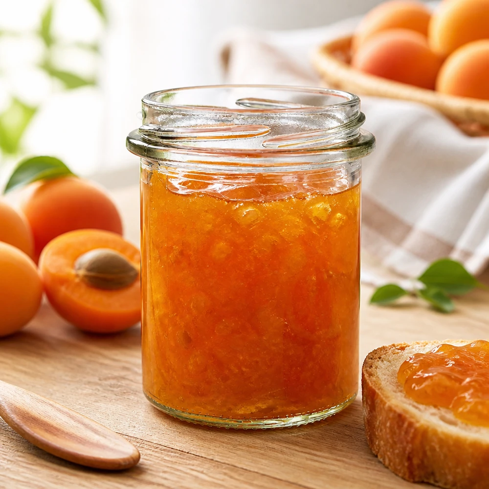 Doorzichtig jampotje TO66 van 214 ml met oranje vruchtenjam en abrikozen