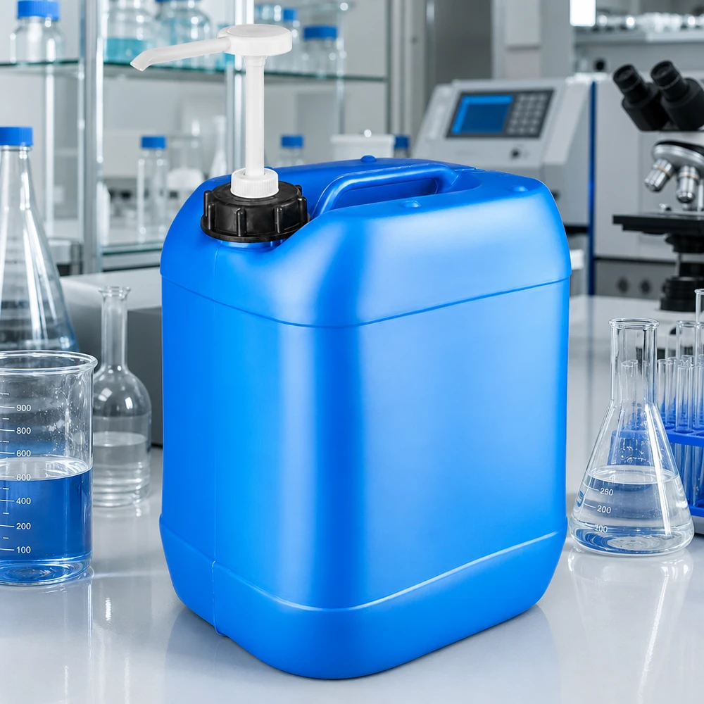 Canister 20 liter blauw met doseerpomp Blauwe jerrycan van 20 liter met handgreep en doseerpomp voor het hygiënisch afnemen van chemicaliën