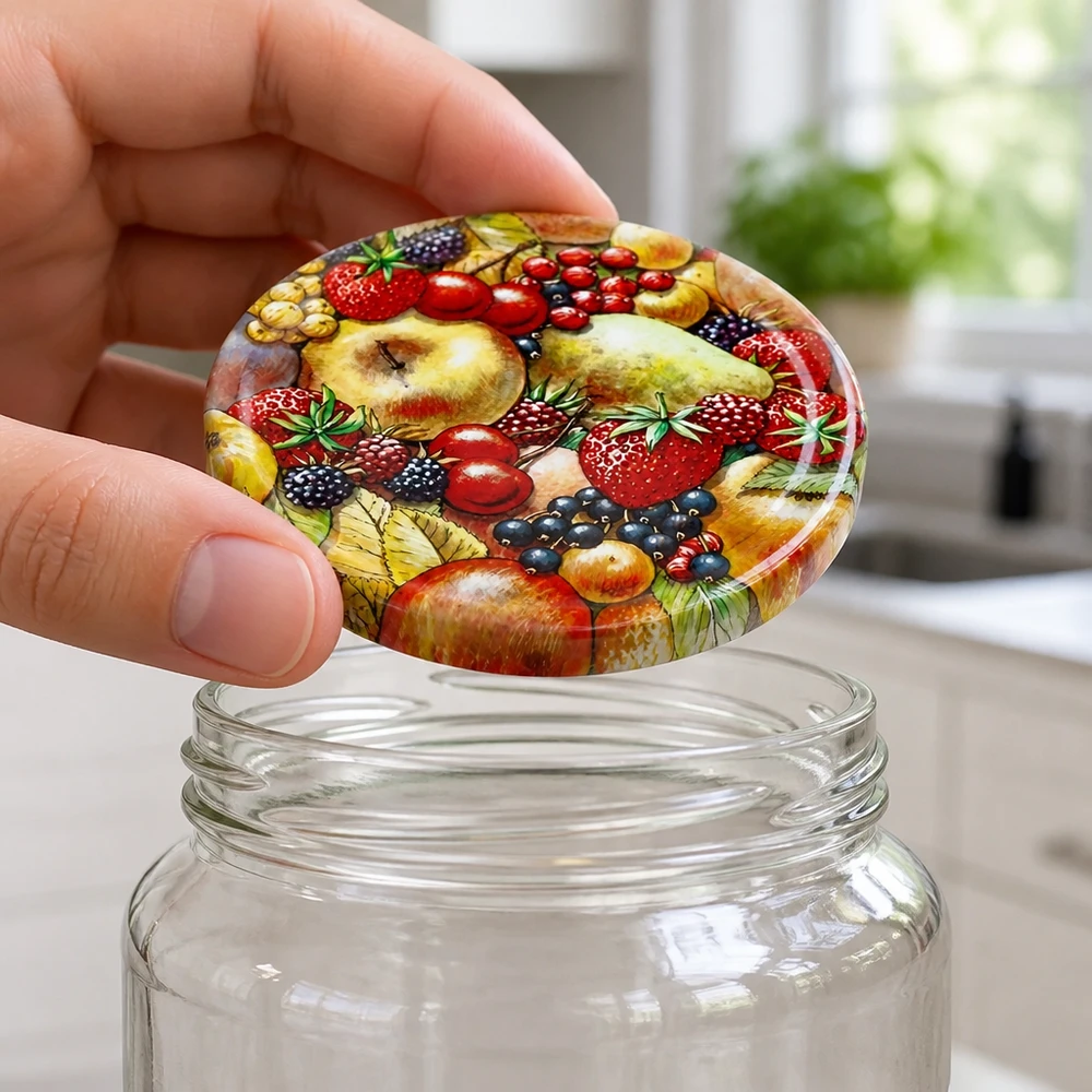 82 mm BasicSeal-deksel met fruitmotief (TO82) UNiTWIST Ronde glazen pot met bijpassend BasicSeal-deksel, 82 mm, met fruitmotief, voor het inmaken en conserveren
