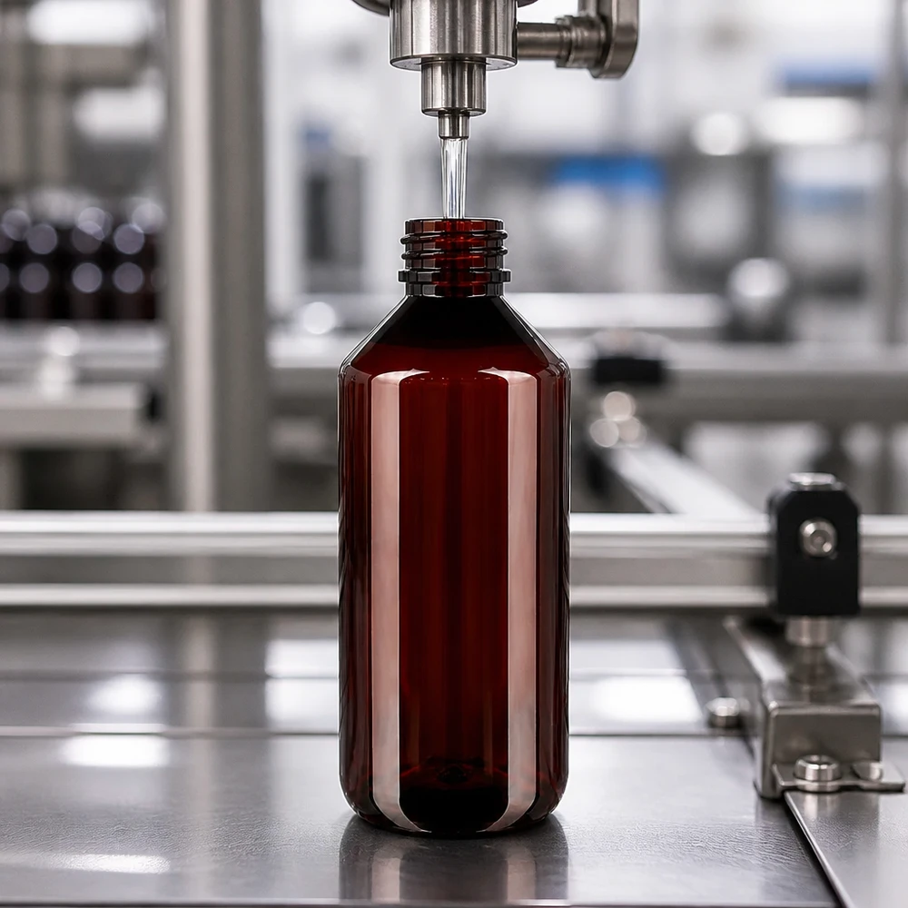 Voedselveilige PET-fles van 1 l in bruin met een fraudebestendige rode schroefdop