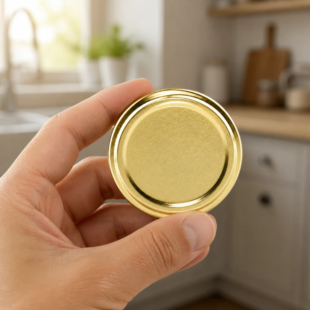 100 mm BasicSeal-deksel goud (TO100) UNiTWIST BasicSeal-deksel TO100 goud 100 mm UniTwist, close-up van de hand in de keuken