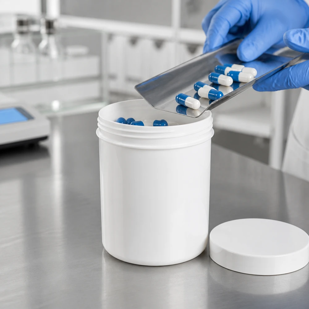 Het vullen van een wit PP-potje van 10 g met blauw-witte harde capsules in het laboratorium