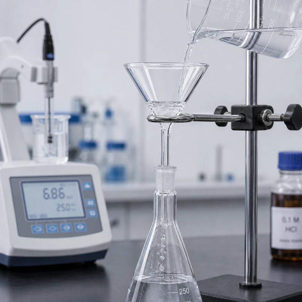Precieze 55 mm trechter van soda lime glas met kort handvat voor exacte dosering in het laboratorium en de keuken