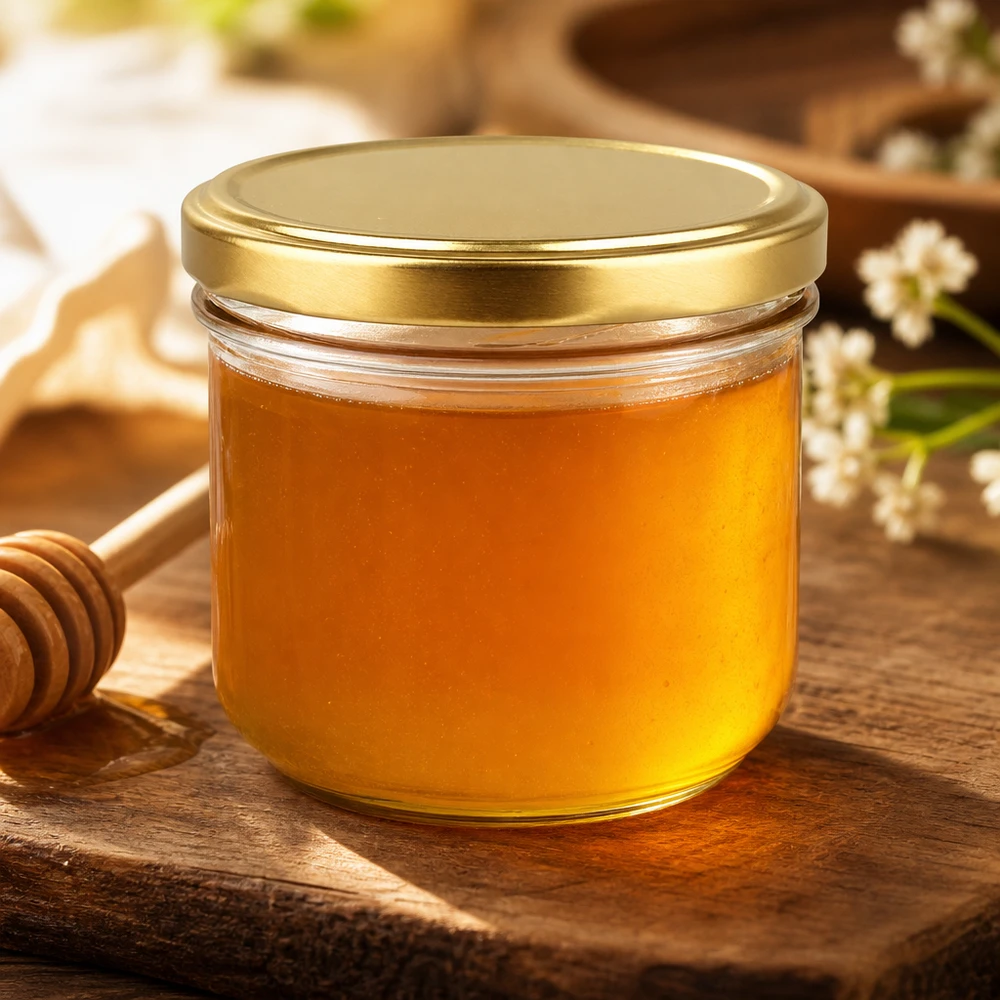 260ml bekers met BasicSeal deksel goud gevuld met honing naast honinglepel op rustieke houten tafel