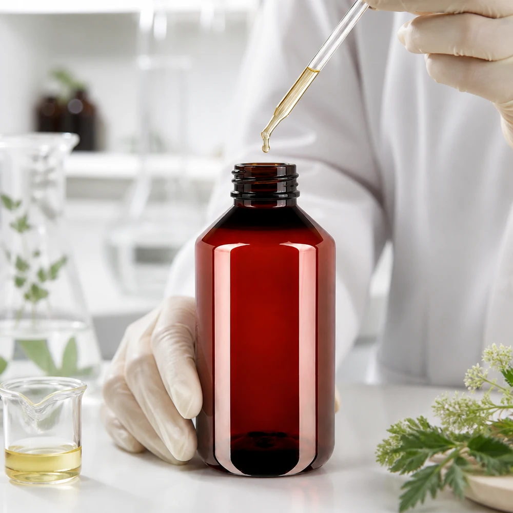 PET fles 750ml met groene verzegelstop PET-fles van 750 ml met UV-bescherming en bruinglaslook voor oliën en extracten