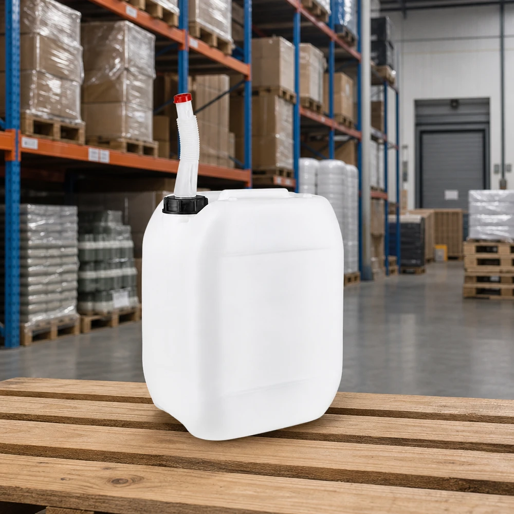 Compacte witte vloeistofcontainer van 10 liter met uitloopbuis voor chemicaliën en reinigingsmiddelen