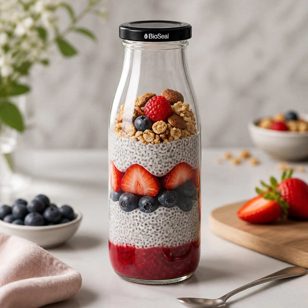 500ml glazen fles gevuld met chia pudding gelaagd dessert - bessen noten en BioSeal deksel voor gezonde maaltijden