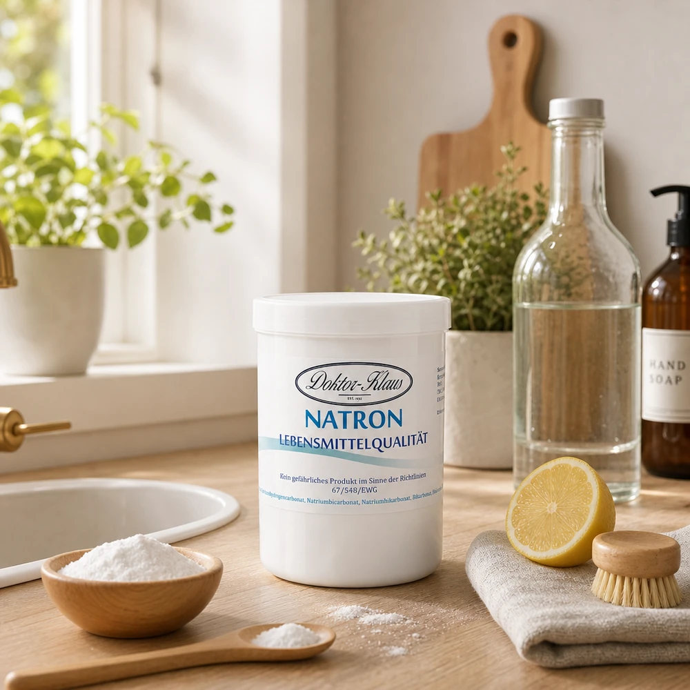 Doktor-Klaus Natron, 1000g in witte pot, levensmiddelenkwaliteit Doktor Klaus 1kg Natron Universalreiniger in praktischer Vorratsdose auf Küchenarbeitsplatte