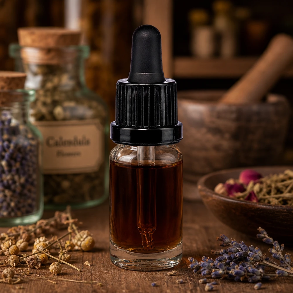 Doorzichtige pipetfles van 10 ml met zwarte druppelaar, naast potjes met calendula en lavendel