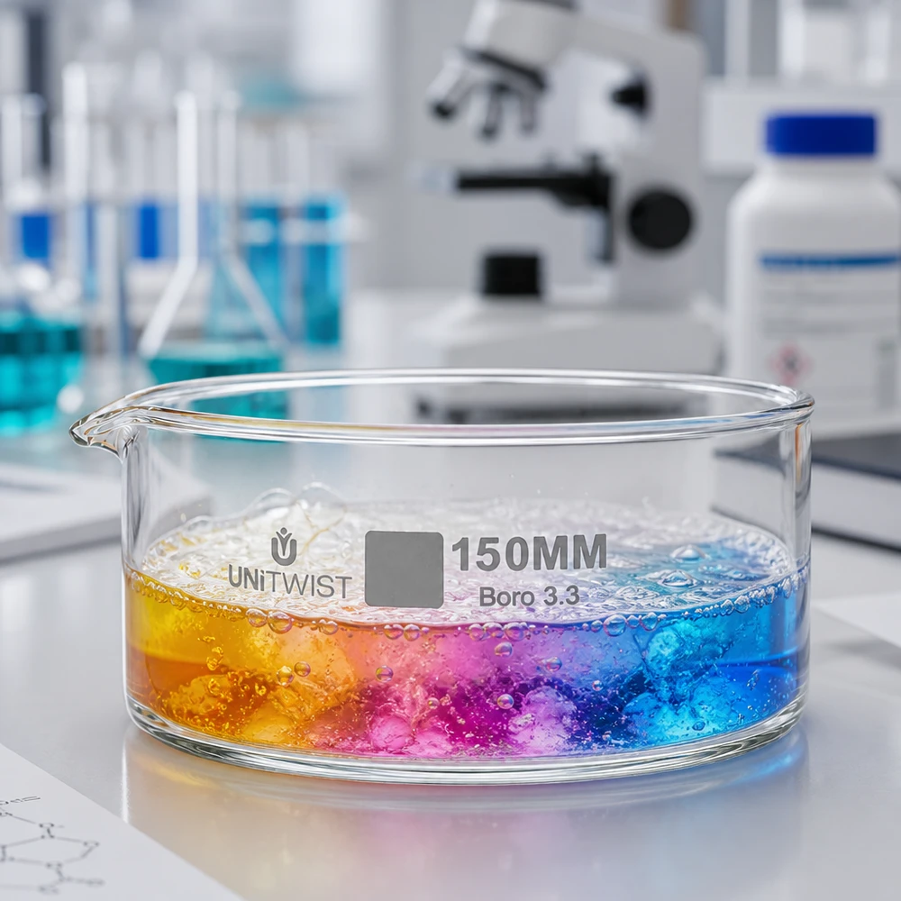 Laboratoriumschaal 150 mm, borosilicaatglas, UNiTWIST, met kleurverloop oranje-roze-blauw en luchtbellen