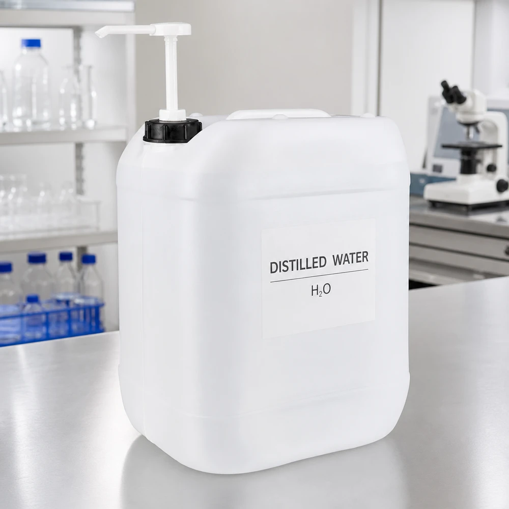 20l Jerrycan, UN-toelating, met doseerpomp Grote voorraadcontainer van 20 liter met doseerpomp naast een microscoop op het laboratoriumwerkblad