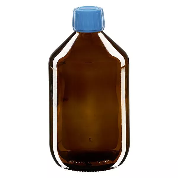 500ml Euro-medicijnfles bruin met blauwe schroefsluiting VR 500ml Euro-medicijnfles bruin met blauwe schroefsluiting VR