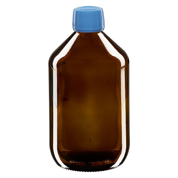 500ml Euro-medicijnfles bruin met blauwe schroefsluiting VR 500ml Euro-medicijnfles bruin met blauwe schroefsluiting VR