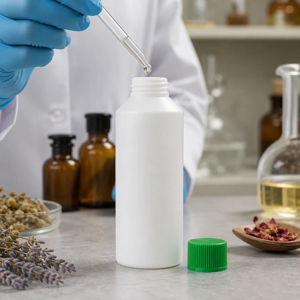 HDPE ronde fles van 100 ml, wit met groene dop, voor natuurlijke cosmetica en farmaceutische producten