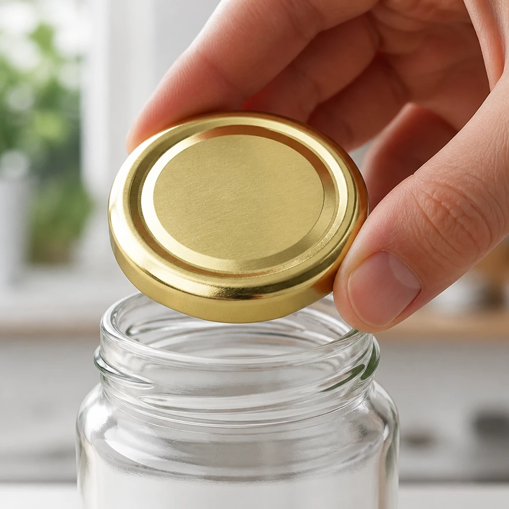 48 mm BasicSeal-deksel goud (TO48) UNiTWIST Een glanzend gouden TO48-deksel van 48 mm van BasicSeal UniTwist wordt op de voorraadpot geplaatst