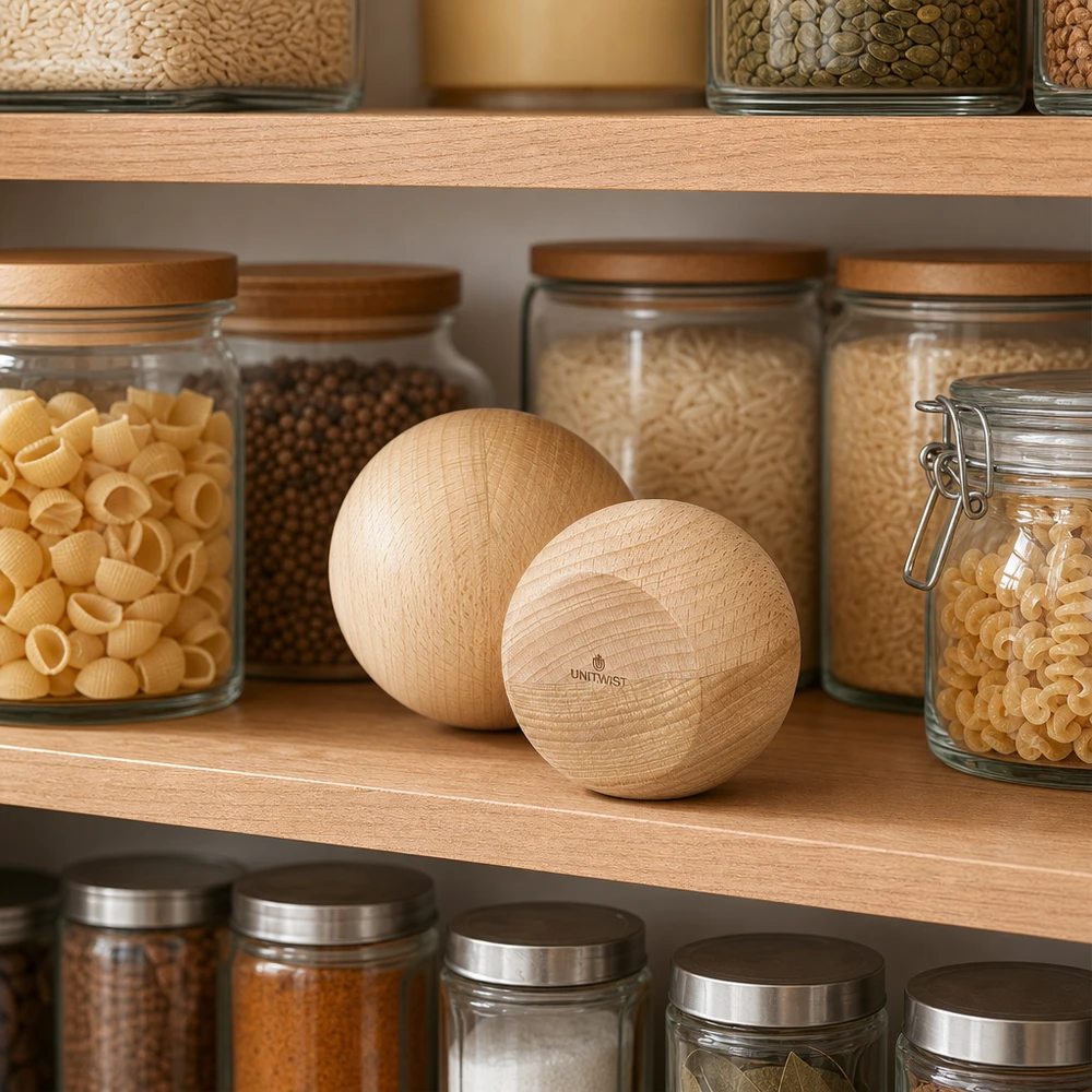 UNiTWIST houten ballen van beukenhout in een stijlvolle voorraadkast met WECK potten - duurzame opslag voor de keuken