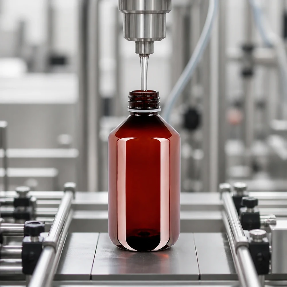 Bruine PET-fles met UV-bescherming van 500 ml met witte klapdop, geproduceerd in een steriele productiefaciliteit