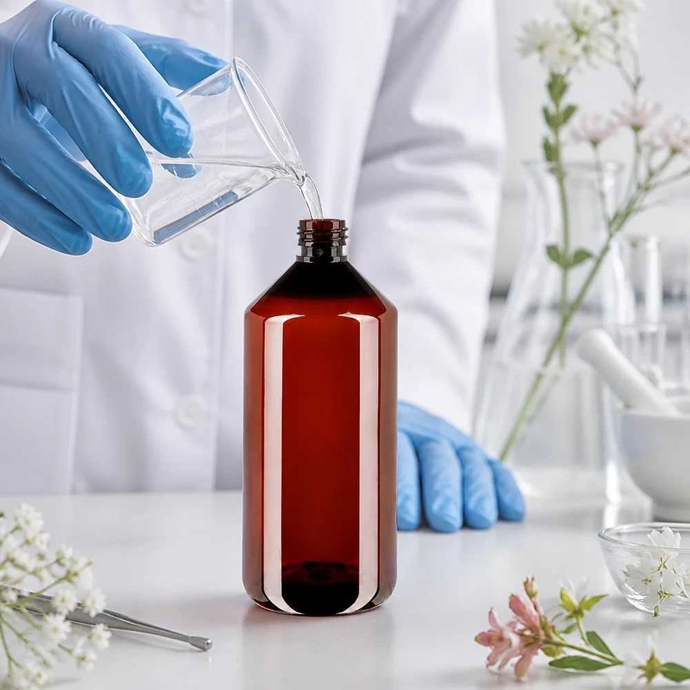 PET fles 1000ml met bruine dop Standaard Befüllung einer bernsteinfarbenen 1L PET Flasche mit Schutzhandschuhen im Labor