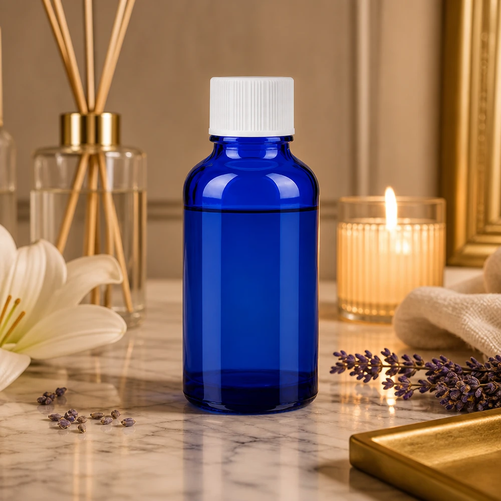 Robuust blauw glazen flesje van 30 ml voor het veilig bewaren van medicinale plantenextracten