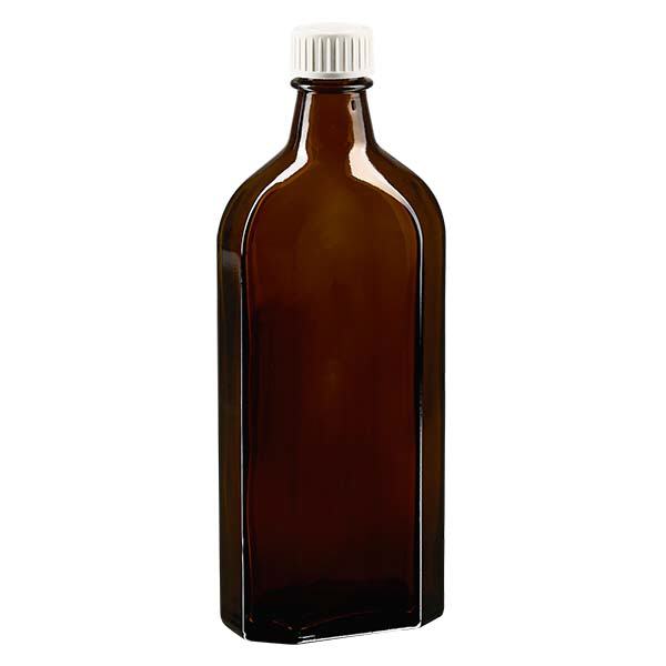 250 ml bruine meplatfles met DIN 22 monding, inclusief schroefsluiting DIN 22 wit met PE-schuiminzetstuk 250 ml bruine meplatfles met DIN 22 monding, inclusief schroefsluiting DIN 22 wit met PE-schuiminzetstuk