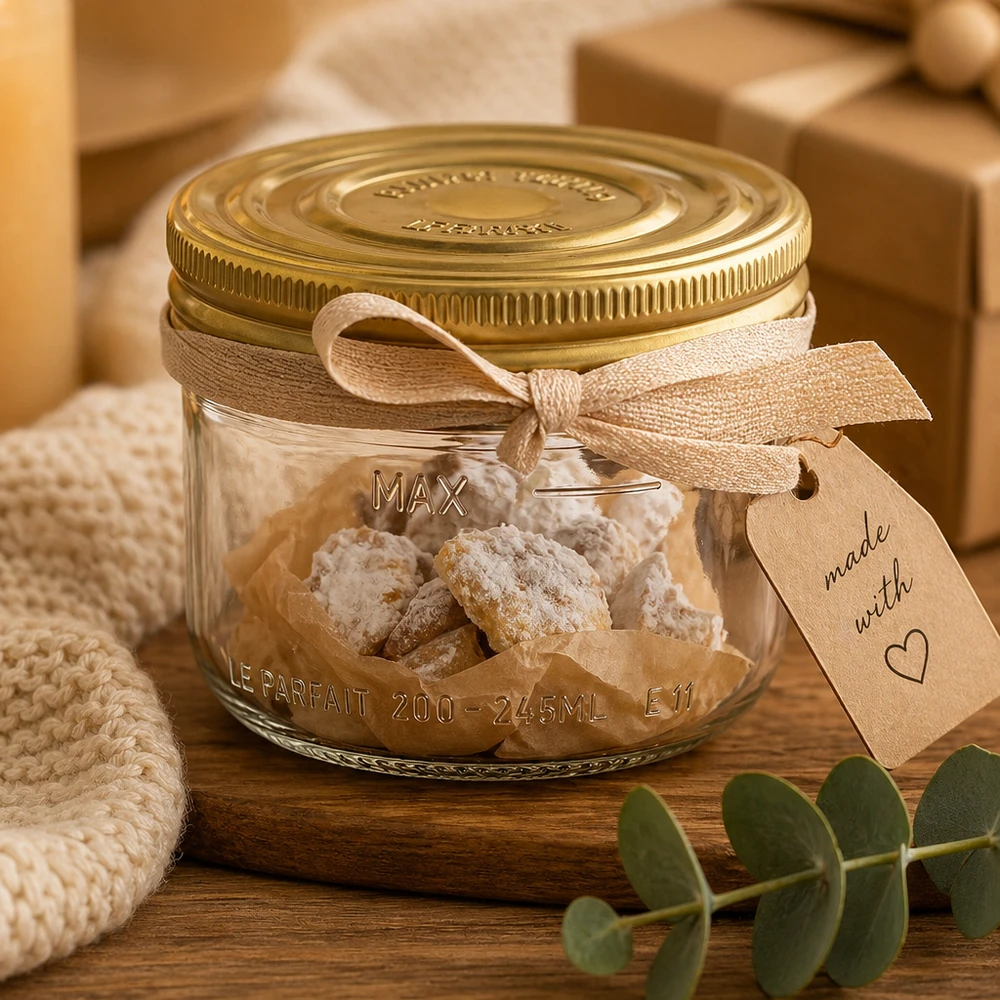 245ml Familia Wiss bekers met gouden deksel gevuld met witte snoepjes en cadeaulint op een houten tafel