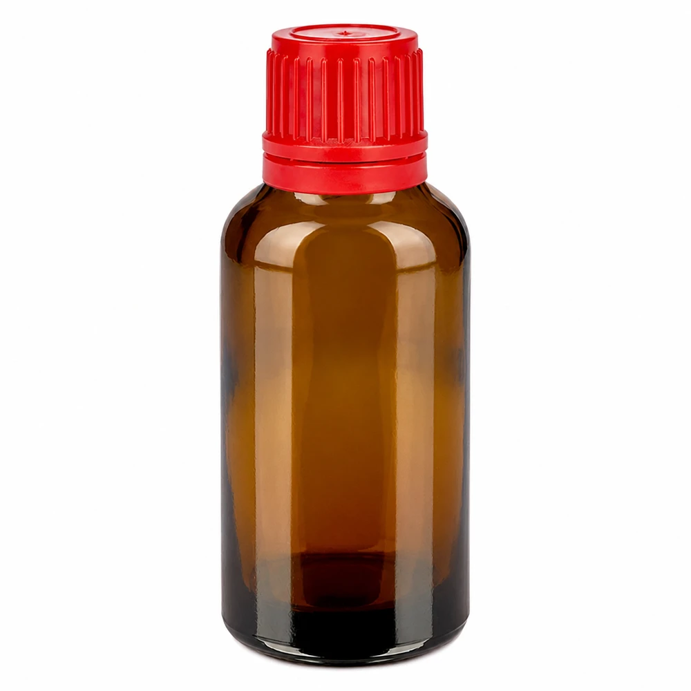 30ml fles 11mm SV rood OV BrownLine UT18/30 Compacte amberkleurige glazen fles van 30 ml met rode veiligheidsdop, ideaal voor op reis