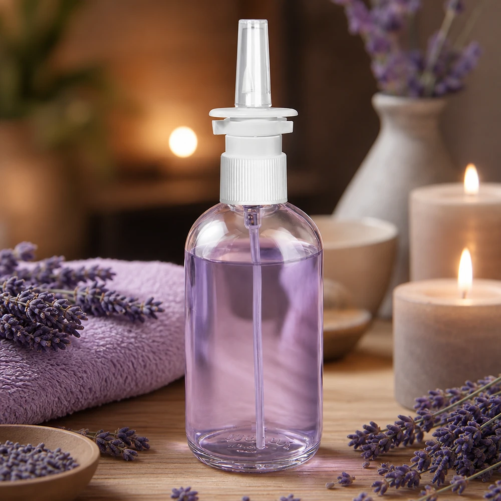 ClearLine-neussprayflesje van 100 ml, gevuld met paarse lavendelevloeistof, in een wellness-sfeer
