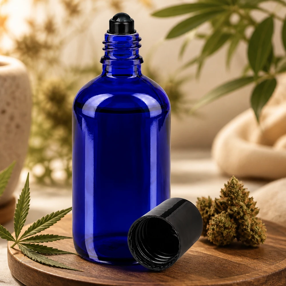 Blauwe roll-onfles van 100 ml, STD zwart, met UV-beschermend glas voor lichtgevoelige olietoepassingen