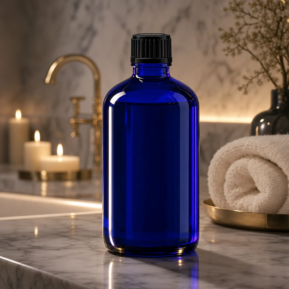 Donkerblauwe glazen fles van 100 ml met een dop van 11 mm op een marmeren plaat met gouden accenten