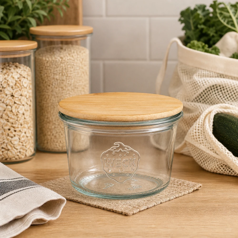 WECK-mini stortglas 80ml met hout deksel WECK beker 80ml RR60 houten deksel duurzame keuken opslag organisatie milieuvriendelijke opslag zero waste