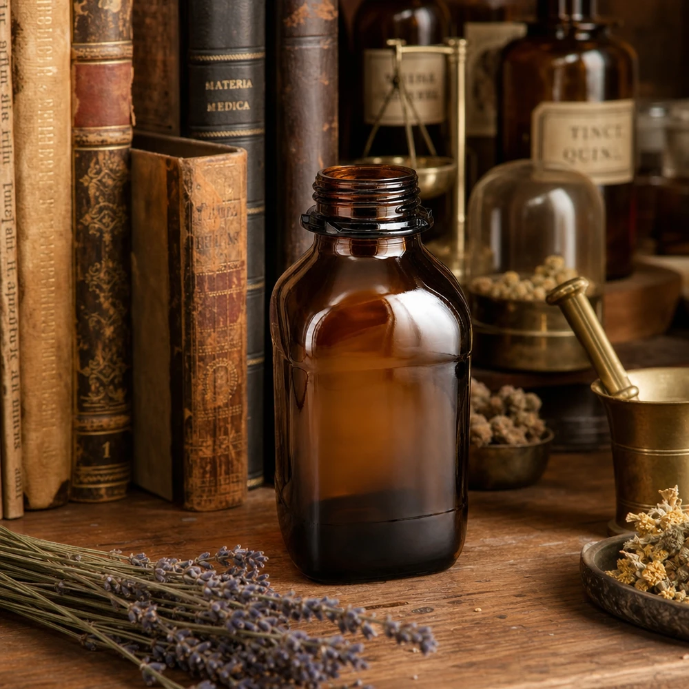 Apothekersfles 1000ml van amberkleurig glas in vintage stijl voor farmaceutische toepassingen