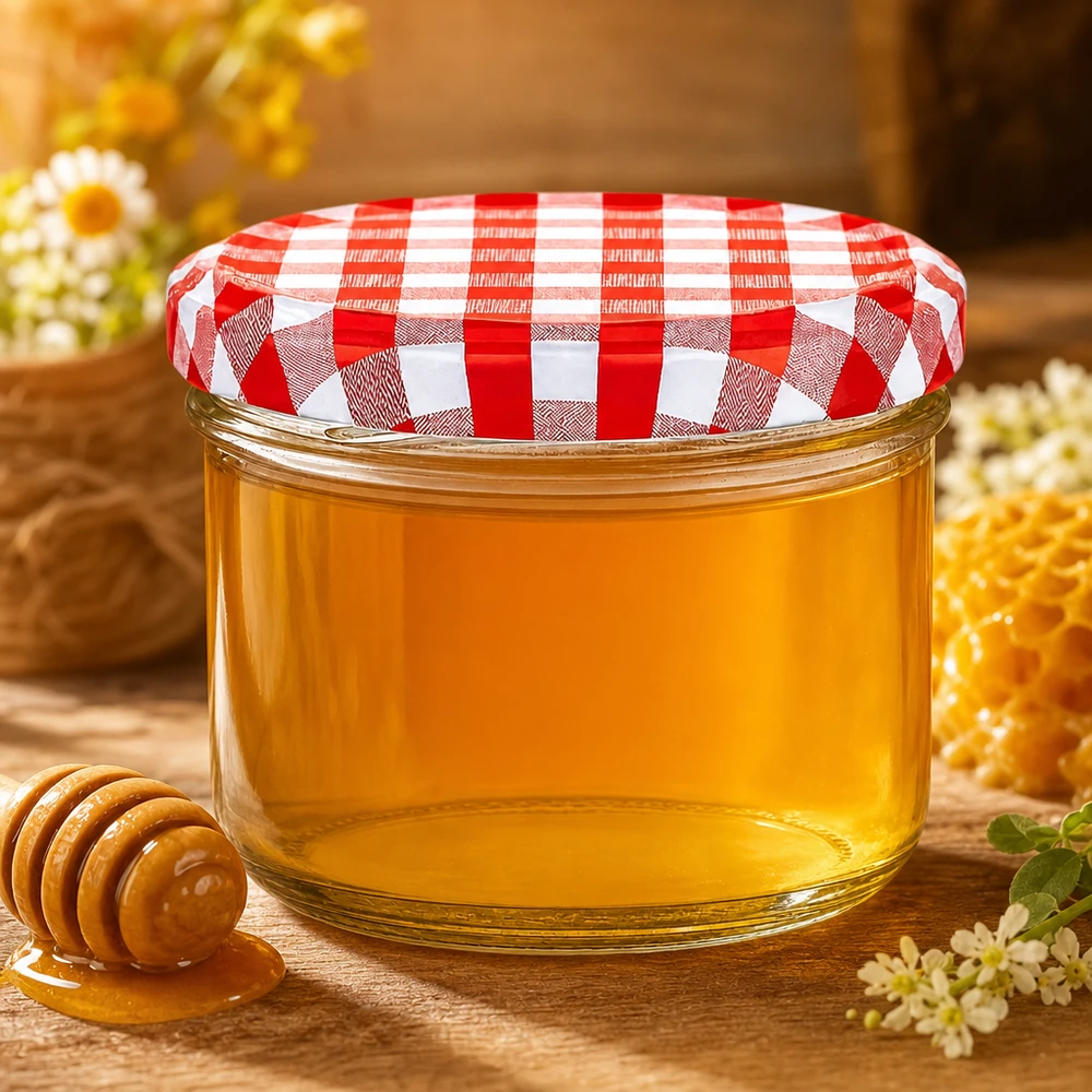 230 ml cilindervormige pot met rood en wit geruit deksel gevuld met gouden honing naast honinglepel en bloemen