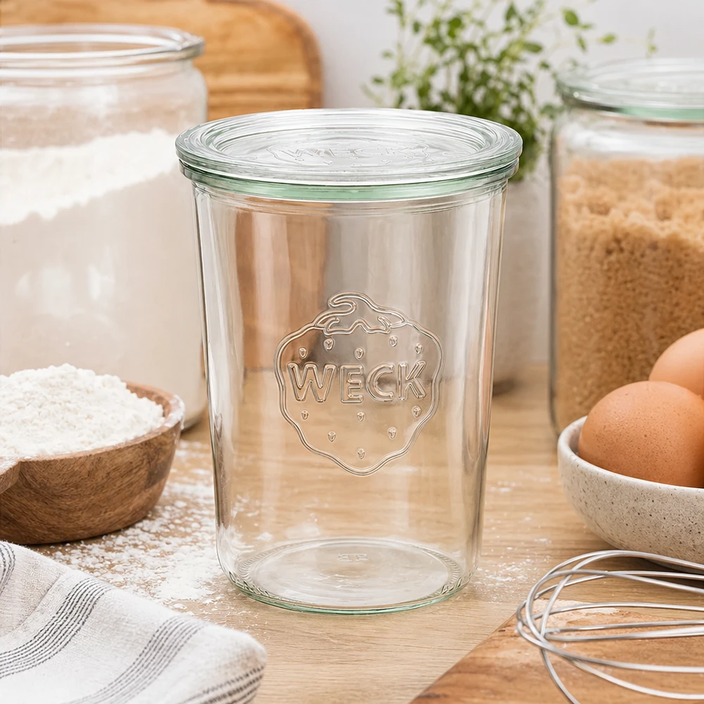 WECK inmaakpot 850ml RR100 in keukenomgeving met meel eieren en keukengerei tuimelpot met glazen deksel