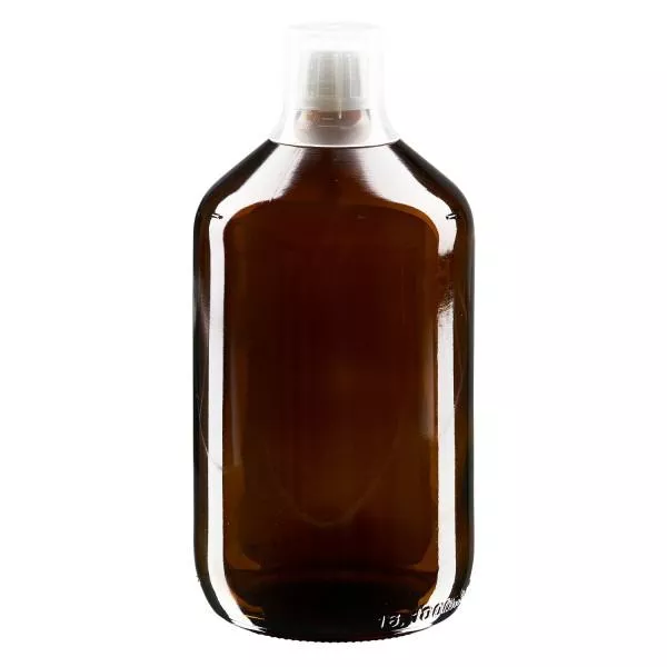 1000 ml Euro-medicijnflessen met witte schroefsluiting en doseerbeker 30ml 1000 ml Euro-medicijnflessen met witte schroefsluiting en doseerbeker 30ml