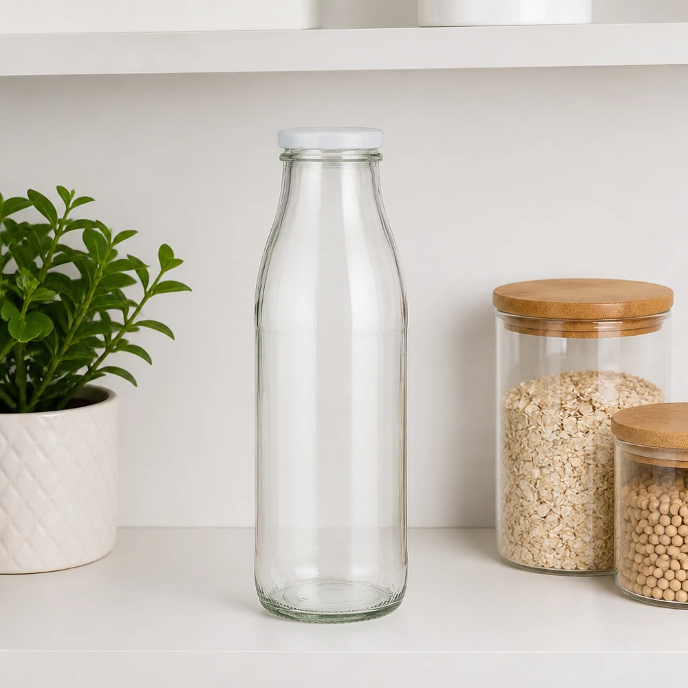 500ml transparante glazen fles met wit BasicSeal deksel op wit keukenblad naast voorraadbakjes