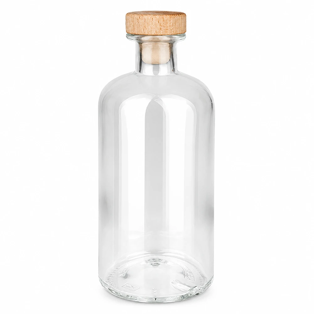 500ml glazen fles Flora met houten handvat kurk UNiTWIST transparant leeg tegen een witte achtergrond